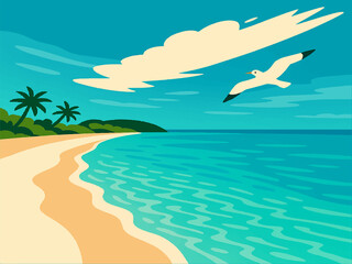 Serene Shores: A Seagull's Flight Over Tropical Paradise
