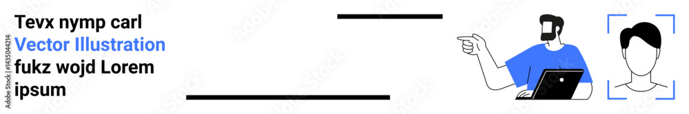 Poster man using laptop pointing at profile photo frame, abstract text lines. ideal for identity, avatar, p