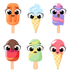 Set of cute Ice cream faces with different emotions, educational flashcards, preschool activities