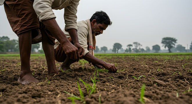 Farmers Planting Rice Seedlings in Paddy Field Agriculture in Rural India