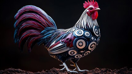 Rooster with abstract design.  Colorful bird on dark background