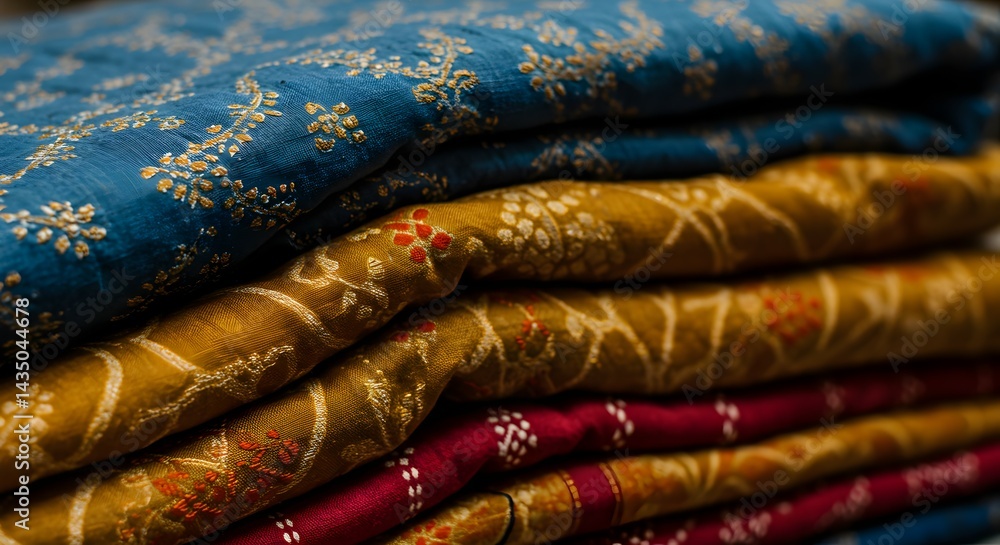 Poster vibrant stack of textured fabrics a close-up view of colorful woven textiles