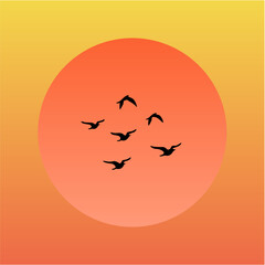 Sunset Sky with Flying Birds. Nature Silhouette Vector Illustration