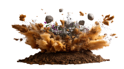 Explosion of Earth Elements: A dramatic display of earth elements erupts in a dynamic explosion, showcasing soil, rocks, and particles in a visually captivating spectacle.