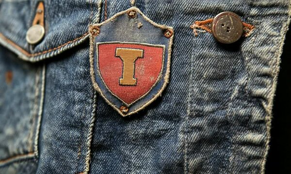 Close-up of a vintage denim jacket with a colorful patch.