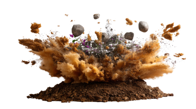 Explosion of Earth Elements: A dramatic display of earth elements erupts in a dynamic explosion, showcasing soil, rocks, and particles in a visually captivating spectacle.