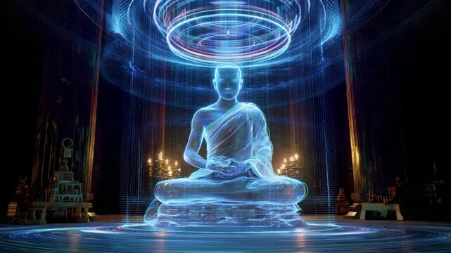 Mystical Serenity: A digital rendering depicts a serene figure in deep meditation within a temple-like setting, enveloped in an ethereal aura. The scene exudes tranquility and spiritual contemplation.