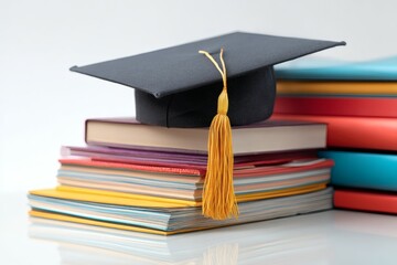 Stack of Colorful Books Under Black Graduation Cap with Gold Tassel on White Surface