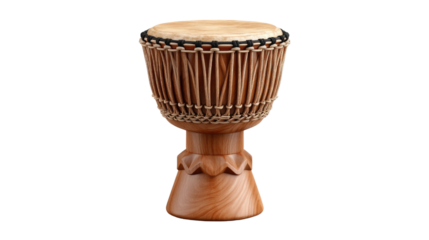 African Djembe Drum: A traditional African Djembe drum, crafted from rich, warm toned wood, stands ready for a rhythmic beat. The drum's intricate carvings.