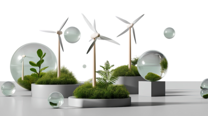 Eco-Friendly Energy: A serene visual showcasing miniature wind turbines amidst vibrant greenery and transparent orbs, representing clean, sustainable power.