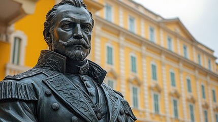 Fototapeta premium Bronze statue of a historical figure, with a yellow building background. Detailed military-style uniform