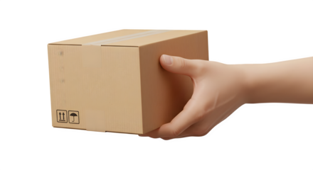 A hand holding a cardboard box against a plain black background view png, jpeg, jpg, transparent background, white background. isolated on transparent background