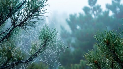 Obraz premium Misty Morning Dew on Spiderweb in Pine Forest