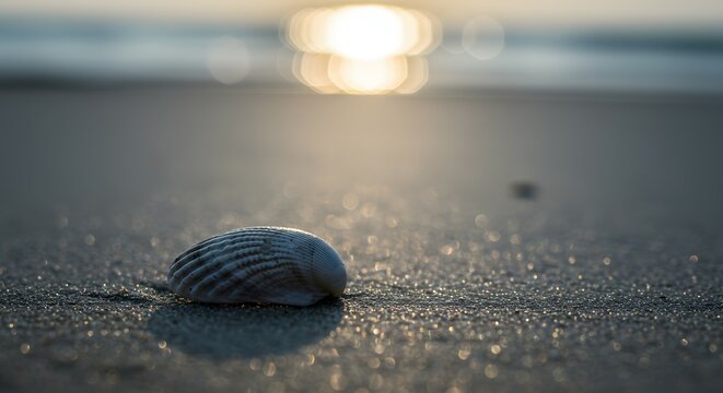 Seashell on Sandy Beach at Sunrise A Serene Coastal Scene of Tranquility and Natural Beauty