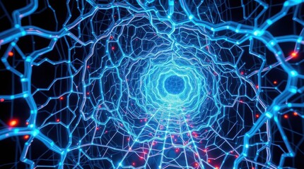 Digital tunnel illustration with blue glowing lines and red dots effect