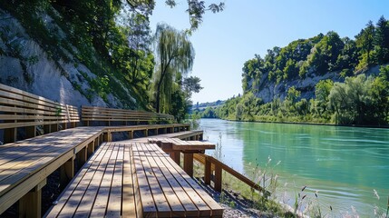 Wooden outdoor seating area riverside landscape