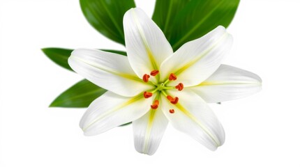 Fototapeta premium Elegant white lily blossom with green leaves on white background