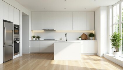 Fototapeta premium Minimalistic white room with open concept kitchen, stainless steel appliances and wooden floors, appliances, room, white