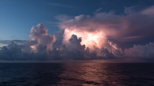 Golden hour storm scene - warm sunset colors in the foreground giving way to ominous purple thunderheads on the horizon, occasional lightning strikes over the open ocean