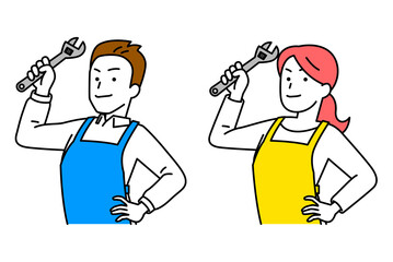 モンキーレンチを構えるエプロン姿の男女　セット