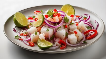 A Peruvian ceviche with fresh fish, lime juice, red onions, and chili peppers, professionally styled on a white background