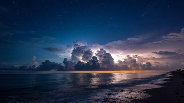 Golden hour storm scene - warm sunset colors in the foreground giving way to ominous purple thunderheads on the horizon, occasional lightning strikes over the open ocean