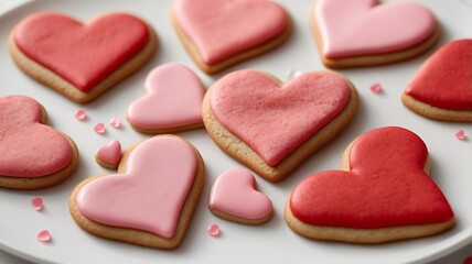 Obraz premium A plate of heart-shaped Valentine’s Day cookies with pink and red icing, on a white background