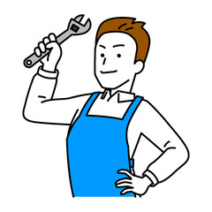 モンキーレンチを構えるエプロン姿の男性