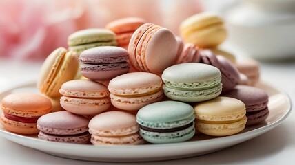Obraz premium A plate of macarons in pastel colors, artfully arranged on a white surface with soft shadows