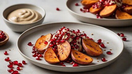 A plate of roasted sweet potatoes with tahini drizzle and pomegranate seeds, styled professionally on a white background