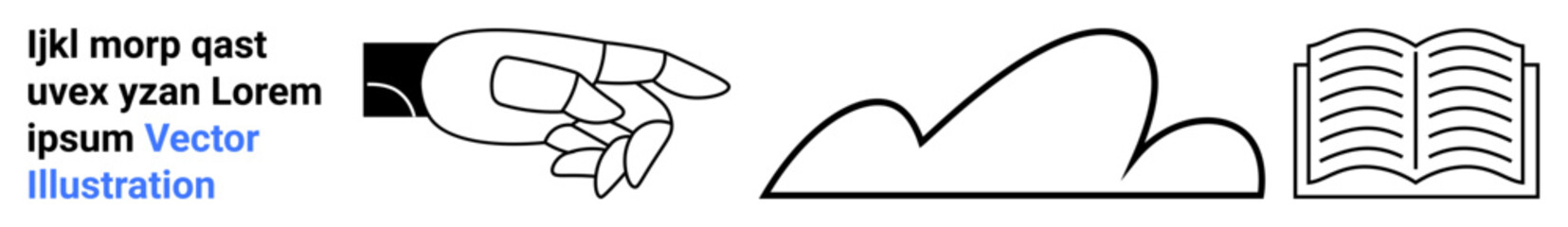 Hand in pointing gesture near cloud and open book combining digital communication, education, knowledge, and creative ideas. Ideal for learning, content sharing, resources, technology, innovation