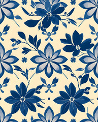 Fototapeta premium Vibrant indigo floral design with abstract rhythm, seamless pattern.