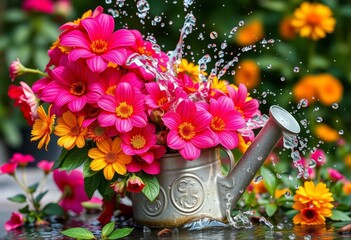 Fototapeta premium Overflowing watering can bursting with vibrant blooms, lush, macro