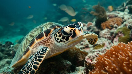 Fototapeta premium Underwater adventure sea turtle exploring coral reef tropical ocean wildlife photography vibrant marine environment