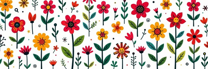Playful and vibrant doodle flowers in a repeating pattern for creative projects, flowers, bright, seamless