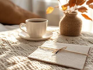 Cream-Colored Card with Twine on Knit Blanket, Coffee Cup, and Autumn Leaves