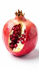 Pomegranate fruit split open showing vibrant seeds, isolated on white background, seeds, organic, antioxidants