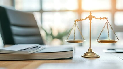 A law office features legal scales on a wooden desk, surrounded by documents and good lighting