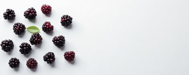 Minimalistic composition of blackberries scattered on a white surface, blackberries, fruit, composition