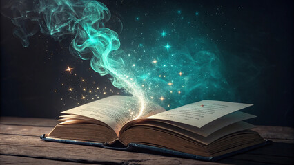 Enchanted Ancient Book with Glowing Teal Mystical Energy, Emanating Swirling Magic and Sparkling Stars from Its Open Pages, Set on a Rustic Wooden Surface in a Dark Background for a Mysterious Atmosph