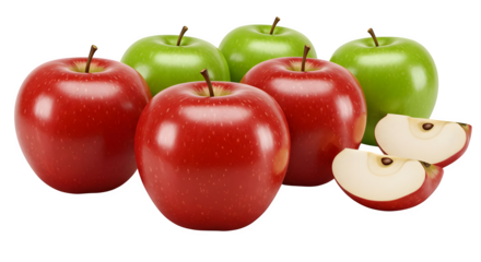 A group of red and green apples with apple slices on a dark surface png, jpeg, jpg, transparent background, white background. isolated on transparent background