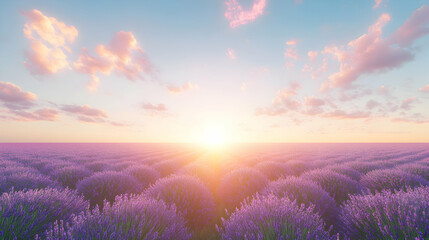 Serene sunset over a vast lavender field, bathed in warm golden light; peaceful, idyllic landscape.