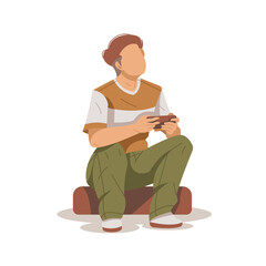 boy sitting and playing smart phone isolated illustration