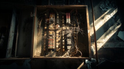open fuse box with spiderwebs of oxidized wiring, some cables sparking where insulation has frayed, dramatic shadows emphasizing the chaotic energy flow