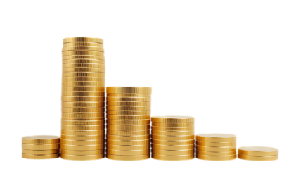 Gold coins, stacked columns, ascending height, financial growth.