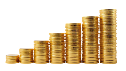 Gold coins, stacked columns, ascending height, financial growth.