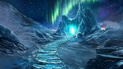 Mystical Journey Through Frozen Peaks with Aurora Borealis Guiding the Way to Light Portal - Powered by Adobe