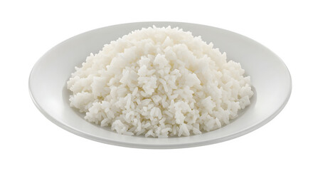 A mound of cooked white rice on a white plate against black backdrop png, jpeg, jpg, transparent background, white background. isolated on transparent background