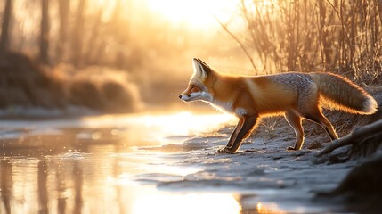 A fox walking on a snowy path, tiny paw prints left behind