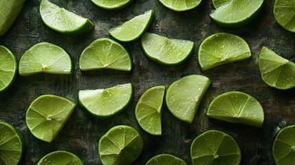 Fototapeta premium Fresh lime slices arranged on a dark surface